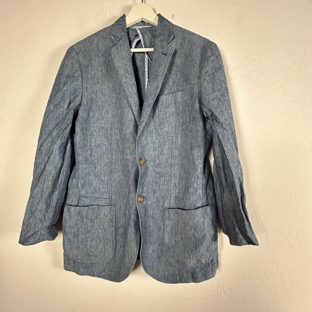 JKT New York Mens 38R Blue Chambray Blazer Jacket Two-Button Lightweight Pockets